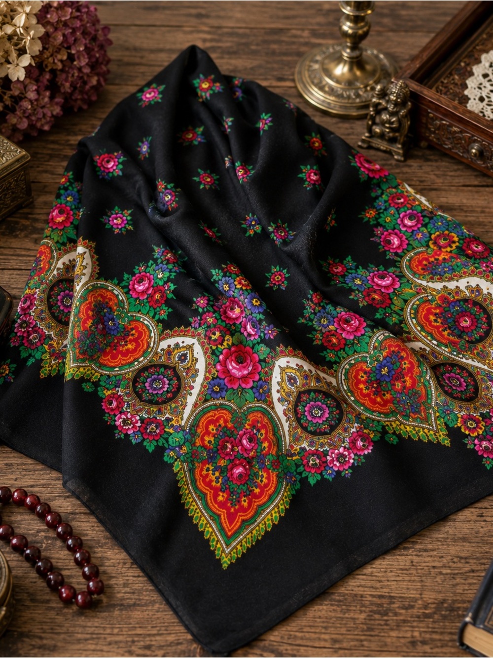 Vintage Russian Wool Floral Square Shawl Black Folk Scarf Wrap 50”x50”